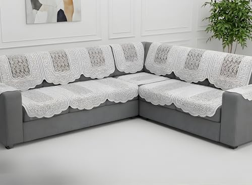 Image of Fab Nation Sofa Cover L Shape 5 Seater with Corner L Type Fully Covered Sofa Set for Living Room | Cotton Sofa Slipcovers for 3 + 2 Seaters Cover with 2 Arms | Silver