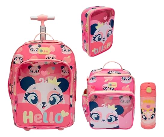 Kit Puket Panda Romântico: Mochila C/Rodinha Grande + Lancheira + Estojo Box + Garrafa Puket Rosa Panda Romântico