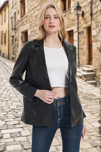 RISISSIDA Women Faux Leather Blazer Jacket,Spring Fall Vegan Pleather Soft Casual Lapel Button Down Coat3