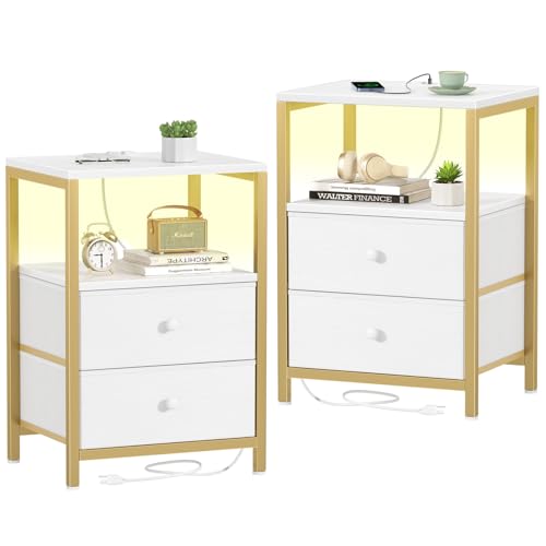 BOLUO Gold Nightstands Set of 2, Bedroom Night Stand Set Two Nightstand with Charging Station and LED Light, Bedside Table with 2 Fabric Drawers Modern
