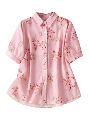 Image of Gufrina Women's Pink Floral Printed Button Down Western Shirt with Collared Neck and Half Sleeves in Relaxed Fit Style