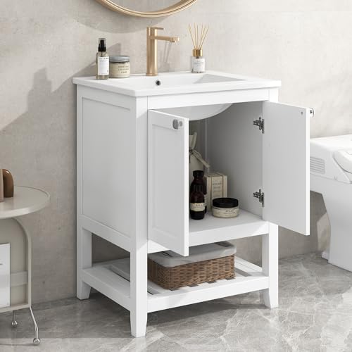 YAIXBNG Mueble de baño individual con armario bajo 60 cm con lavabo de cerámica, color blanco