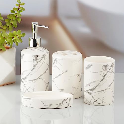 Image of SaSaSa Ceramic Bathroom Accessories Set of 4 Modern Bath Set with Soap Dispenser & Toothbrush Holder, Luxury Home & Gift Idea, White /Grey (8074)