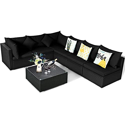 Tangkula 7 Piece Patio Furniture Set, Outdoor Sectional Sofa W/Pillows And Cushions, Wicker Sofa Conversation Set With Coffee Table, Patio Sofa And Tea Table Set For Garden, Lawn (Black) #TOP7