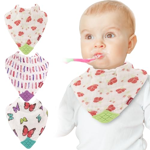 Image of Nuby Reversible 100% Natural Cotton Muslin 3 Piece Teething Bib, Pink, Aqua, Purple, Flower, Butterfly, Stripes, Girl, 3 Count