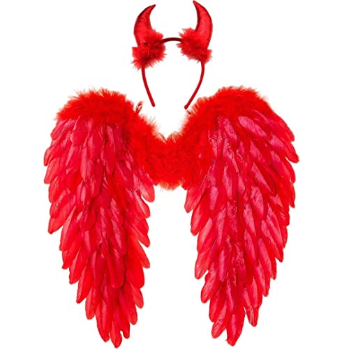 Winwild Alas de ángel con Cuernos de Diablo,Disfraz de ángel caído y alas de Diablo para señoras y niñas niños para Halloween Carnaval Cosplay Fiesta Disfraces(Rojo,45 x 45 cm)