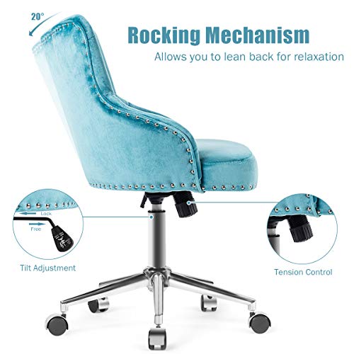 Giantex Modern Home Office Chair, Tufted Velvet Swivel Armchair, Mid-Back Velvet Office Chair With Soft Seat, Adjustable Task Chair Computer Desk Chair For Living Room Bedroom Study (Turquoise) #TOP2