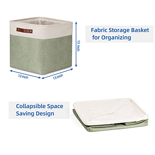 Temary Cube Storage Baskets For Shelves 4Pack Fabric Storage Basket For Organizing Toys, Clothes, 13 Inch Storage Cubes With Leather Handles, Closet Baskets Nursery Home (White&Green) #TOP6
