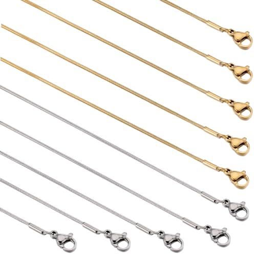 SUNNYCLUE 12 PACK 18 Inch/ 0.45m 1mm Stainless Steel Snake Chain Bulk Silver Gold Snake Chains Necklace Metal Lobster Claw Clasps Cable Chains Necklaces for jewellery Making Supplies Women Adult Diy