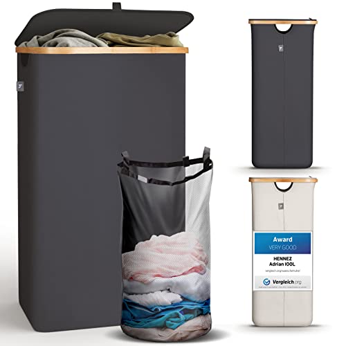 HENNEZ 100L Laundry Basket with Lid - Washing Basket for Laundry - Laundry Hamper With Lid - Laundry Bin - Dirty Clothes Basket Laundry - Wash Basket Large Laundry Basket Grey - Thick Fabric 220gsm