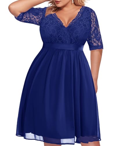Image of Pinup Fashion Plus Size Lace Chiffon Wrap V Neck Dresses Women Cocktail Wedding Guest Midi Dress