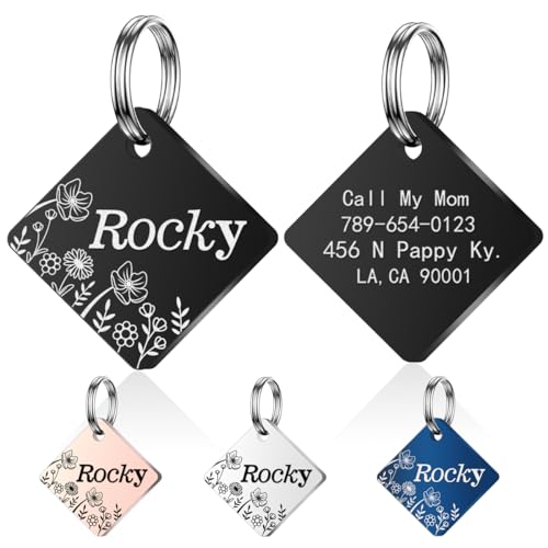 Personalized Dog Tags and Cat Tags, Stainless Steel Cat ID Tags Personalized, Custom Tags for Pets, Cat Name Tag Personalized, Engraved on Both Sides, in Bone, Round, Heart, Bow Tie (Square-2)