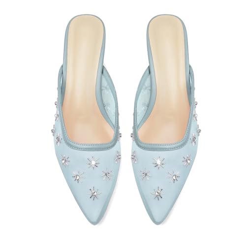 Image of Women Kitten Heel Mules Crystal Flower Decor Mesh Pointed Toe Low Heel Casual Pumps