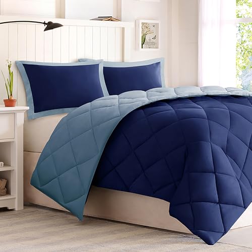 Image of Madison Park Comforter Set, Reversible Down Alternative All Season Microfiber Bedding, 3M Scotchgard Stain Release, King Dorm Comforter, Navy /Light Blue