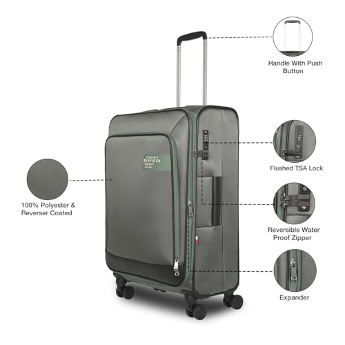 Image of Tommy Hilfiger Westfield Unisex Mid Soft Luggage - Olive+Black | 14-inch Laptop Compatible | Twill Polyester Shell | Flushed TSA Lock | 360 Self-Lubricating Double Wheels | 64L Capacity | 70cm