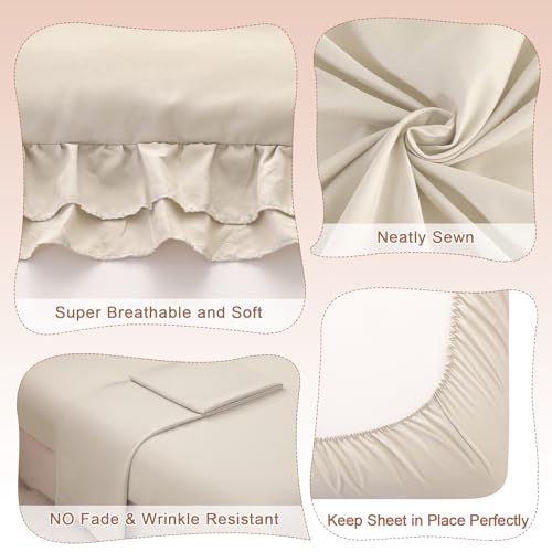 Image of Toddler Bedding Set for Girls, 4 Piece Double Ruffles Soft and Breathable Toddler Bed Sheets with Boho Toddler Comforter, Fitted Sheet, Flat Sheet and Pillowcase, Pale Beige