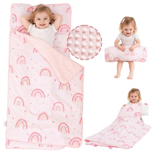 Viviland Toddler Nap Mat with Pillow and Minky Dot Blanket Large Thick Rolled Sleeping/Slumber Bags Kids Girls Sleeping Mat for Preschool Daycare Kindergarten Travel Camping- Pink Rainbow