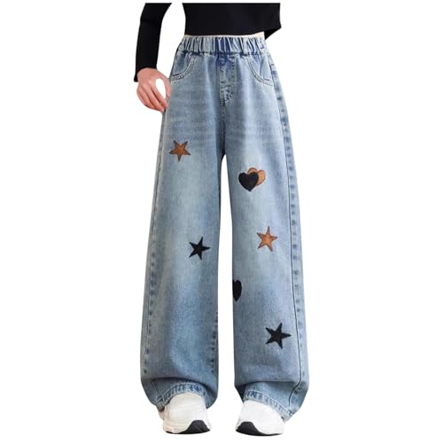 Girls Jeans Love Star Print Straight Leg Denim Pants High Waisted Baggy Boyfriend Jeans with Pockets