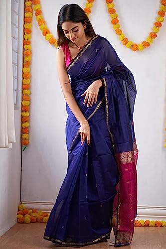 Image of SGF11 Women's Kanjivaram Soft Cotton Linen Silk Saree With Blouse Piece (Blue Pink)