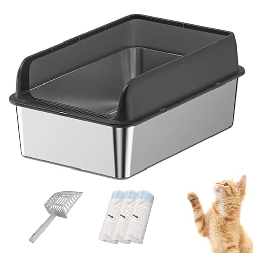 Arenero para Gatos con Laterales Altos de Acero Inoxidable con Tapa, Bandeja Sanitaria metálica Cerrada para Gatos Grandes, Bandeja Sanitaria XXL Extra Grande Black,50 * 35 * 30CM
