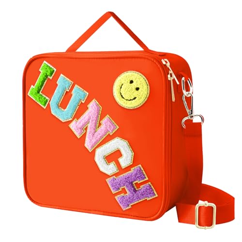 Image of Insulated Lunch Bag With Adjustable Shoulder Strap, Nylon Preppy Lunch Box Large Insulated Lunch Bag Reusable Lunch Tote Bag with Smiley Preppy LunchBag for Girls School Travel Picnic (Orange)