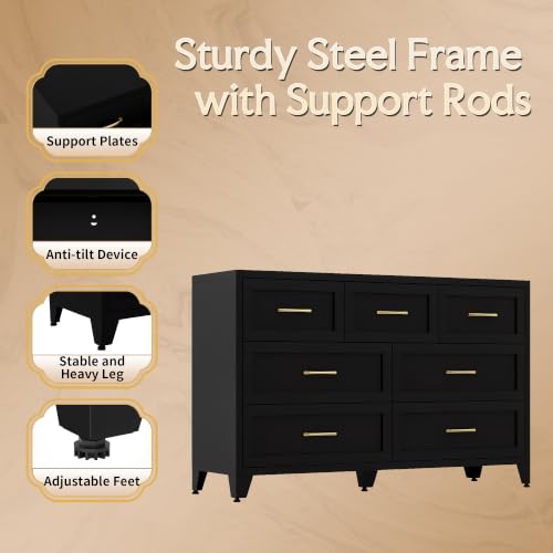 Image of Metal Dresser, 7 Drawer Chest of Drawers for Bedroom, Black