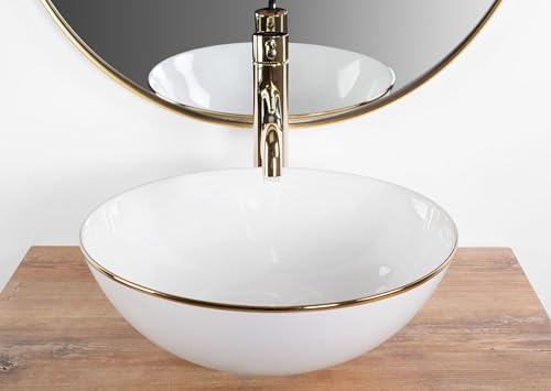 Rea Aufsatzwaschbecken Stella White Gold Edge Waschtisch Handwaschbecken Bad Waschschale Waschbecken für Badezimmer 360 x 360 x 150 mm Keramik (Weiß)