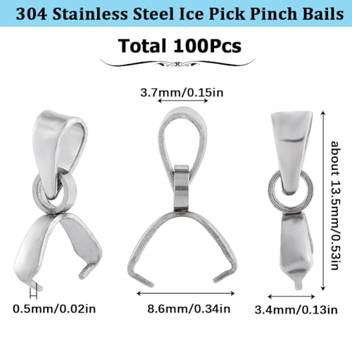 SUNNYCLUE 1 Box 100Pcs Stainless Steel Pinch Bails Small 9mm Ice Pick Pinch Bails Beads Pendant Bail Connector Pinch Bail Hooks Snap on Pinch Clasp for Jewellery Clasps DIY Necklace Craft Supplies - Image 2