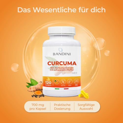Bandini® Curcuma 700 mg Kurkuma pro Kapsel aus 95% Kurkuma-Extrakt — Curcumingehalt EINER Kapsel entspricht 10.000 mg – mit Piperin | 120 Kapseln, 1 Kapsel/Tag für 4 Monate