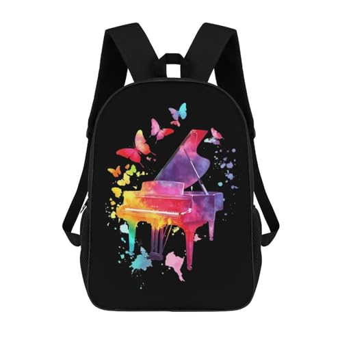 Colorful Piano with Butterflies 17 Inch Backpack Classic Travel Daypack with Adjustable Shoulder Straps for Men Women