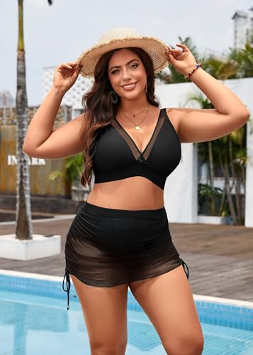 Women's Plus Size High Waisted Bikini Sets Two Piece Mesh Sarong Wraps Swimsuits2