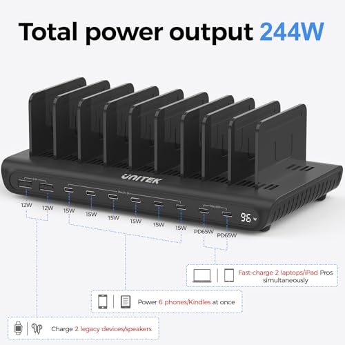 Image of Unitek 10-Port USB C Charging Station 96W with 2X 65W PD, [2A+8C] Laptop Charging Station for Multiple Devices, Fast Charger Dock for Home Office