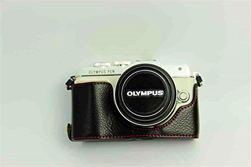 E-Pl7 Case, Bolinus Handmade Genuine Real Leather Half Camera Case Bag Cover For Olympus Pen E-Pl7 E-Pl8 Epl7 Bottom Opening Version + Hand Strap -Black #TOP21