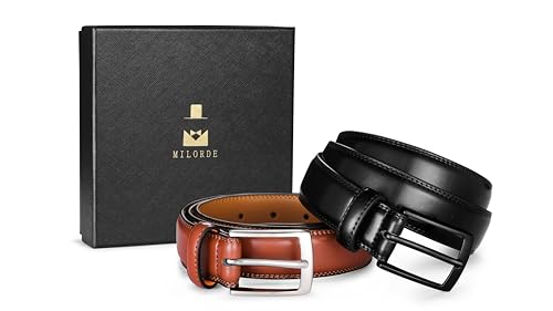 Image of MILORDE Men's Leather Dress Belt 2Pack, Handmade, Genuine Leather, Fashion & Classic Designs for Work Business and Casual