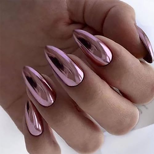 Pale Pink Chrome Press on Nails Medium Almond Fake Nails Rose Pink...