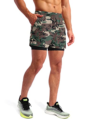 Image of Pudolla Men's 2 in 1 Running Shorts 5 inch Quick Dry Gym Athletic Workout Shorts for Men with Phone Pockets