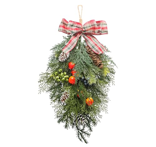 Teardrop Swag Christmas Artificial,ilauke 21inch Christmas Wreath for Front Door,Christmas Wall Decor Hanging Pine Needle Artificial Teardrop Swag Red Berry Greenery for Door Mantle Fireplace Decor