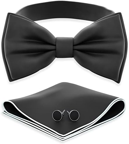 Adam Young Men's Black Bow Tie with Handkerchief & Cufflinks Pre-Tied Style Formal Satin Classic Bowtie for Tuxedo Faux Silk (Large, Black)