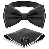 Adam Young Boy's Black Bow Tie with Handkerchief & Cufflinks Pre-Tied Style Formal Satin Classic Bowtie for...