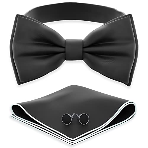 Adam Young Boy's Black Bow Tie With Handkerchief & Cufflinks Pre-Tied Style Formal Satin Classic Bowtie For Tuxedo Faux Silk (Medium, Black) #TOP19