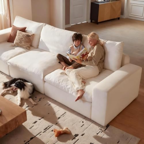 Image of Modular Cloud Sofa, 113.8 inch Cloud Sectional Couches with Deep Seat, 3-Seat Couch for Living Room, Modern Comfy Couch with Washable Cover, Wide Armrest (White)