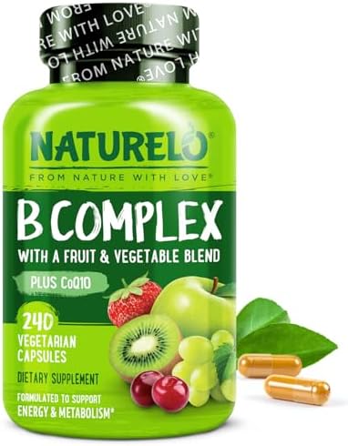 NATURELO Vitamin B Complex with Methyl B12, Methyl Folate, Vitamin B6, Biotin Plus Choline, CoQ10, and Fruit & Vegetable Blend – Supports Energy & Healthy Stress Response – Vegan – 240 Capsules