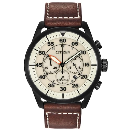 CITIZEN Men's Eco-Drive Chronograph Sport Casual, Brown Leather Strap, Beige Dial, Chronograph, Date (Model: CA4215-04W)