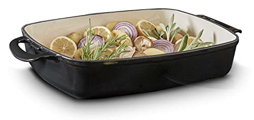 MEISTERKOCH Bräter aus Gusseisen in Schwarz/Creme, 44,5 x 27 cm, 5 Liter Volumen, Induktion, spülmaschinengeeignet, handliche Griffe, auch für Elektroherd, Glaskeramik-Herd und Gasherd