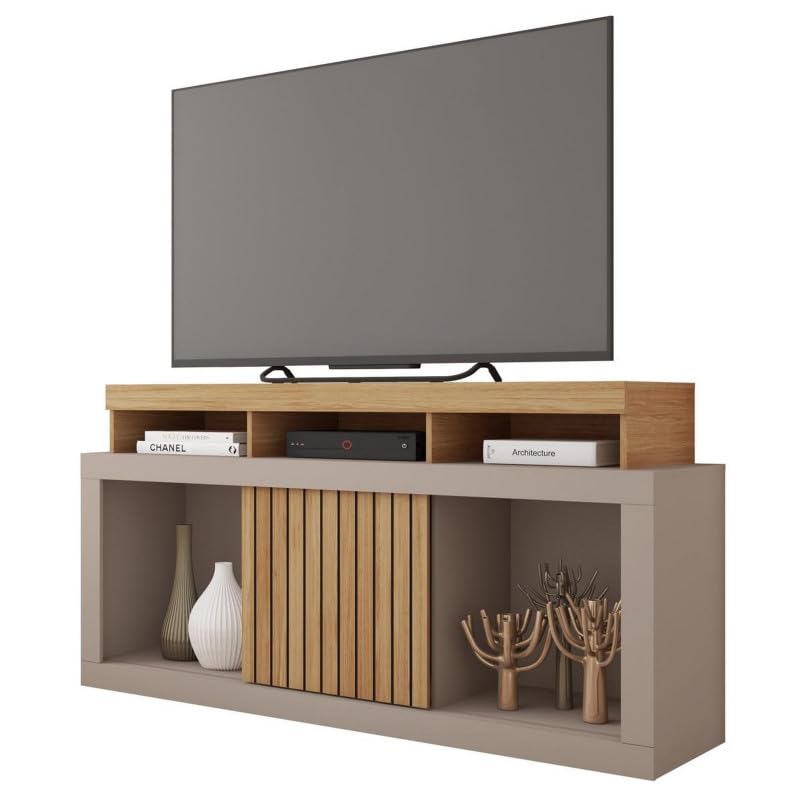 Meuble TV 55 Pouces Chêne et Gris 1 Porte 6 roulettes L 136 H 74 P 39 cm