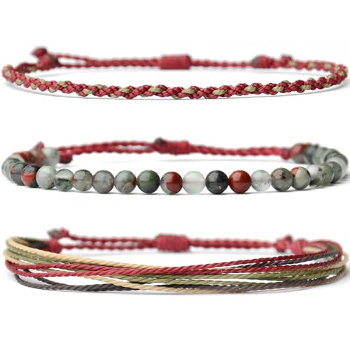 Handmade Natural Stone Beaded Healing Bracelet Gift for Men Adjustable Rope String Bracelet (African Bloodstone, Adjustable)