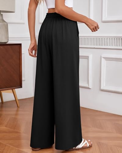 Huukeay Women's Linen Wide Leg Pants, High Waist Flowy Palazzo Pants with Pockets Drawstring Summer Casual Work Trousers(Black,X-Large)2