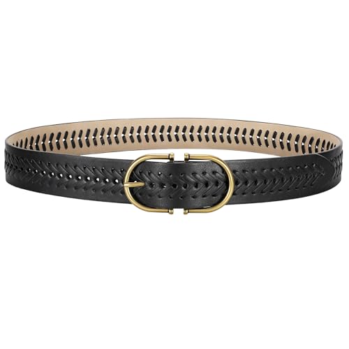 Women Braided Leather Belt with Gold Buckle for Jeans & Pants