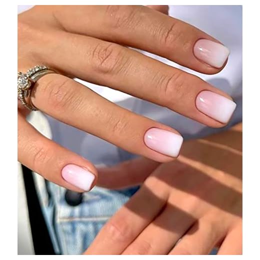 24 Pcs Ombre Press on Nails Short, Square Fake Nails with Nail Glue, Pink White Ombre Glue on Nails False Nails for Women