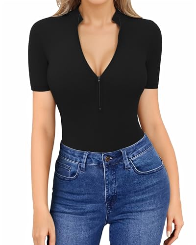 HERLOLLYCHIPS Womens Tops Short Sleeve V Neck Zip Up Mock Turtle Neck Ribbed Sexy Casual Shirts Knit Tight Sexy Casual Tees T-Shirt (Black, Medium)